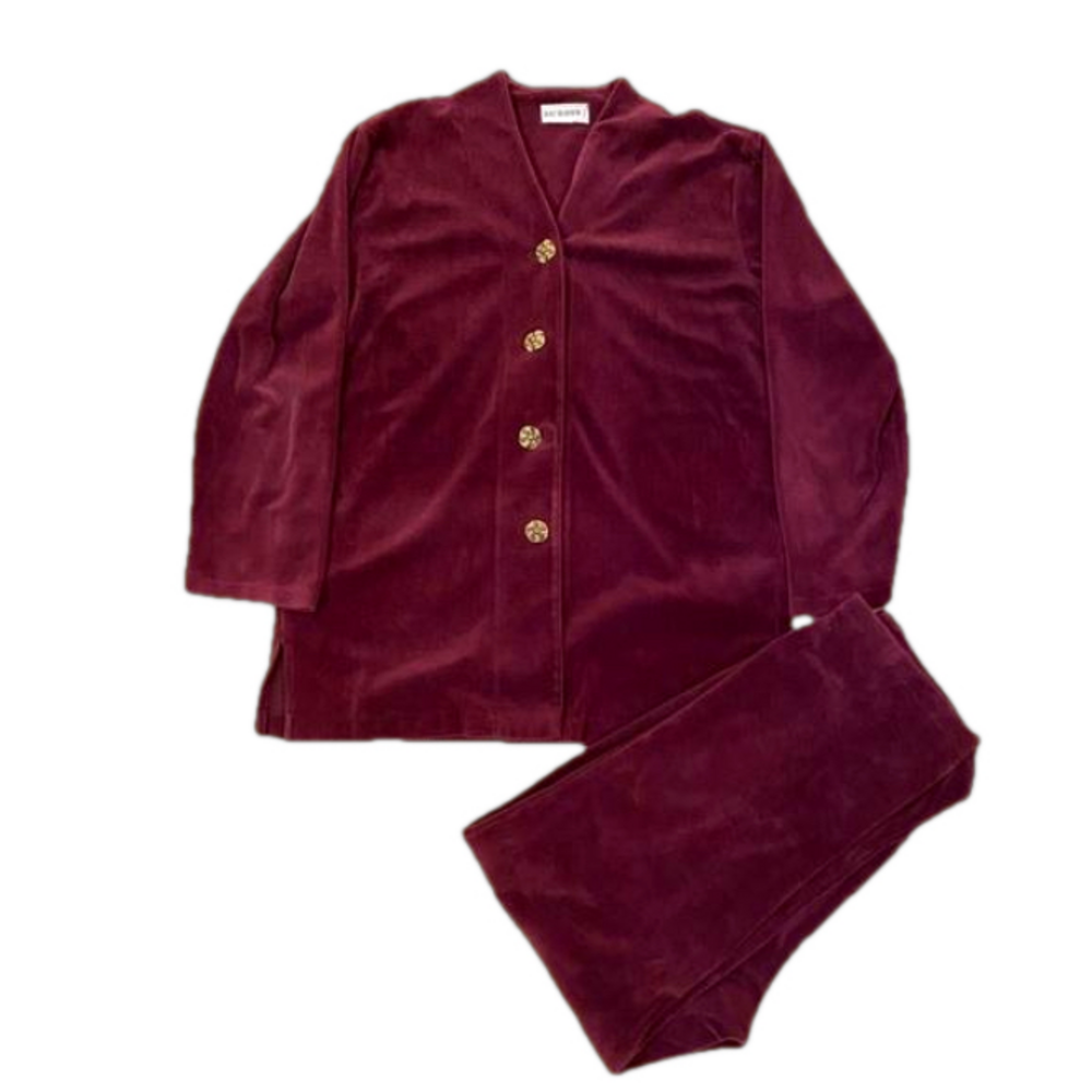 VTG Holt Renfrew Velour Loungewear 2-Piece Set Burgundy Gold Flower Button M